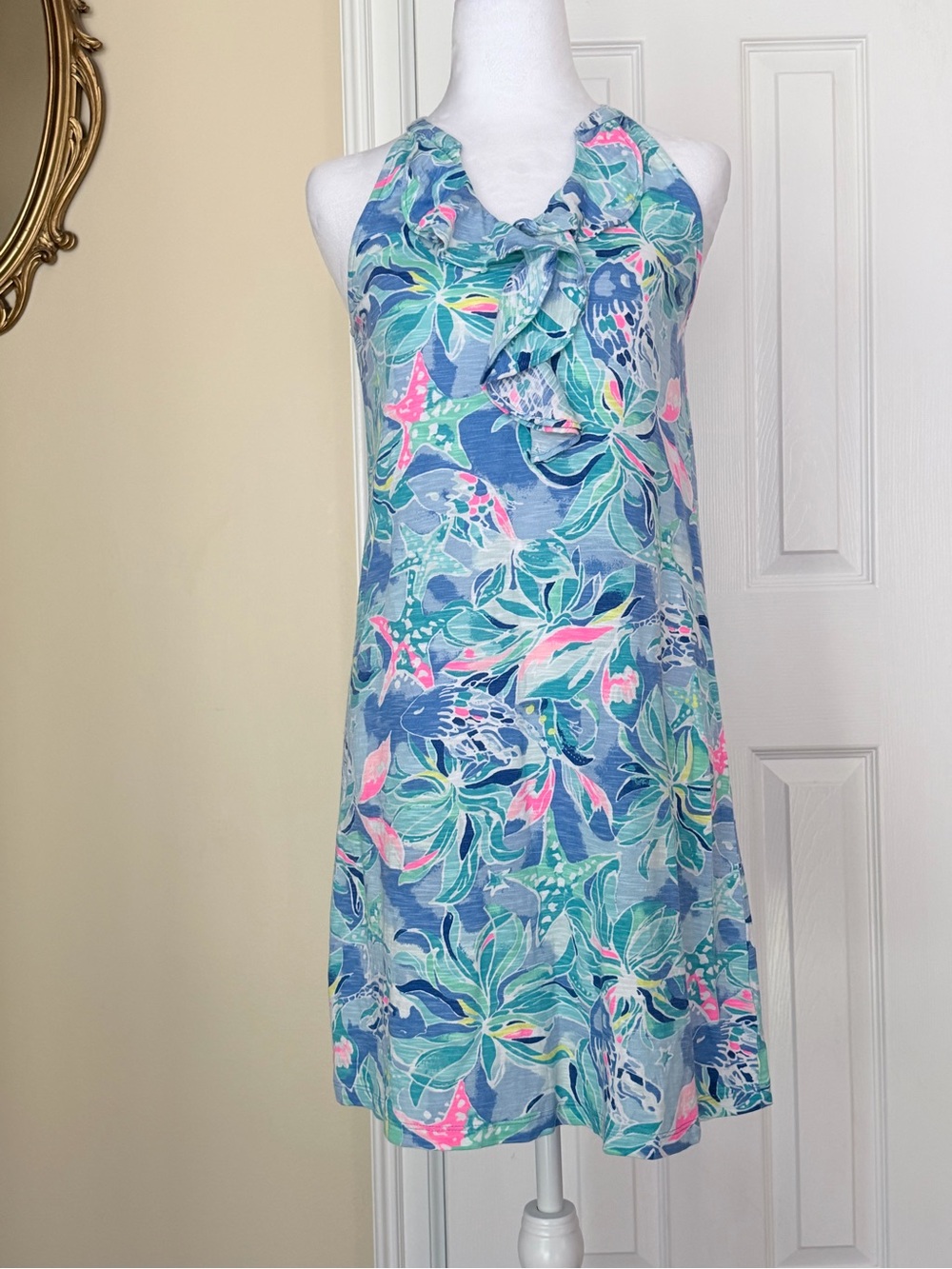 Lilly Pulitzer Shay Dress Bennet Blue Celestial Seas Halter Ruffle Top Flaw